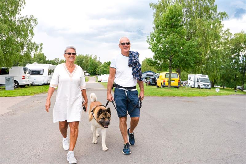 Hundeeiere som går tur med hunden sin