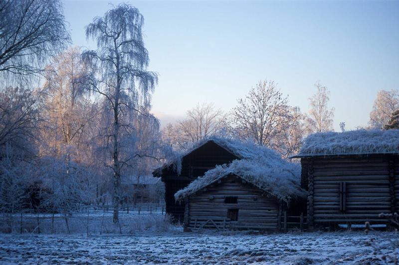 Gamle trebygninger en vinterdag. Norsk Kulturhistorisk Museum