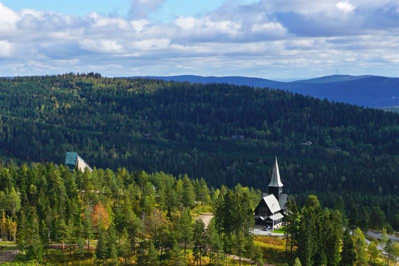 Luftfoto av kirken, omgitt av trær.