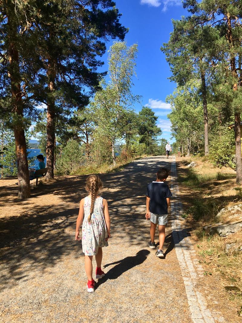 Barn som går langs en vei med trær på begge sider.