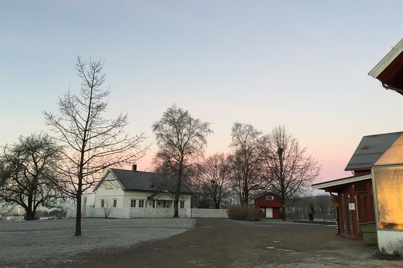 Et hvitt trehus, trær og et større rødt hus.