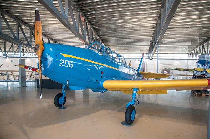 Et blått og gult propellfly i en hangar.