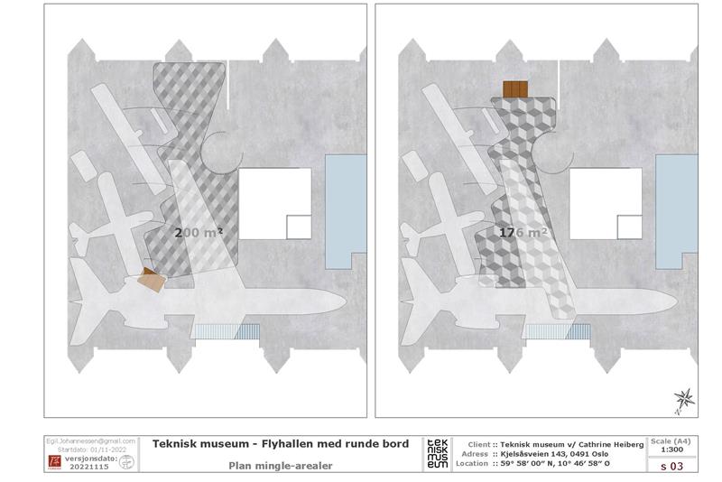 Planløsning som viser samlingsområdene på 200 m² og 176 m² i Luftfartshallen ved Norges vitenskaps- og teknologimuseum.