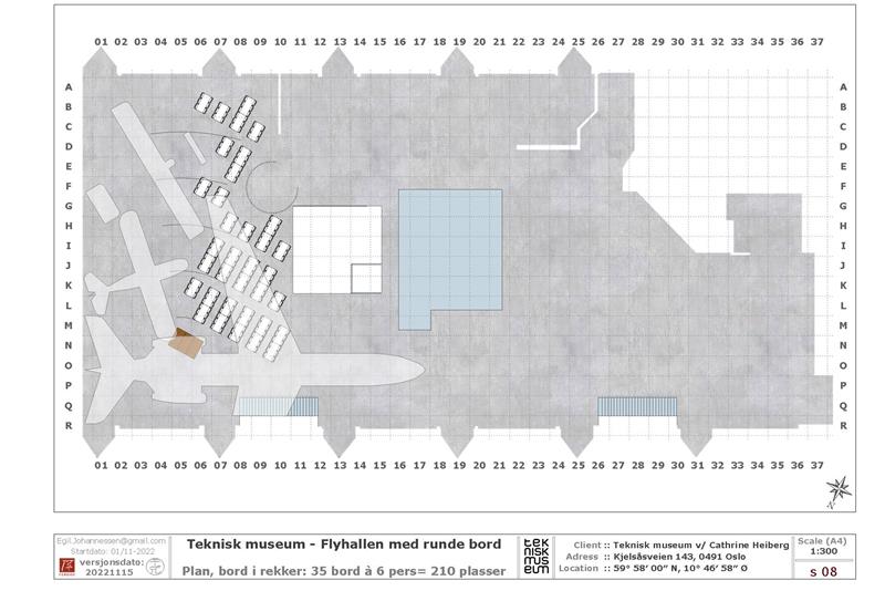 Gulvplan over Aviation Hall som viser en oppstilling med 35 bord anordnet i rekker, med totalt 210 sitteplasser.