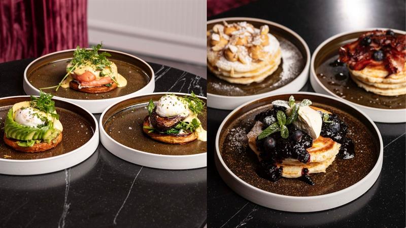 Kollasje av ulike smørbrød og pannekaker