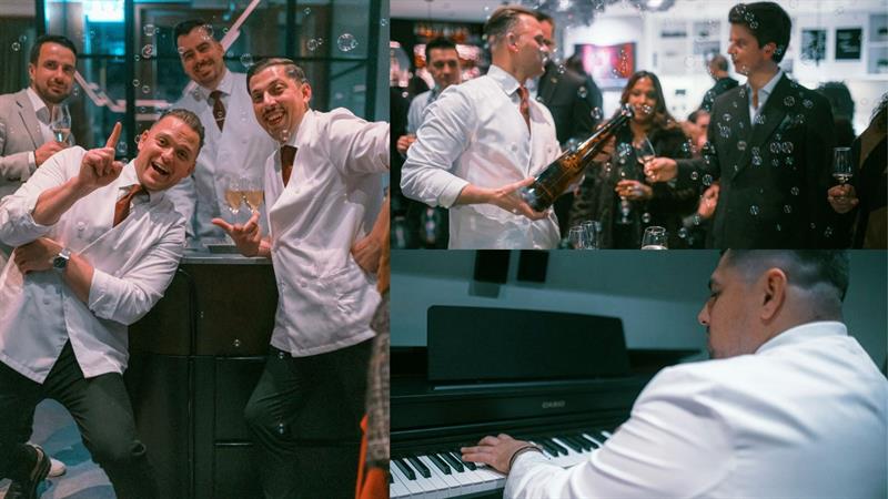 En collage av folk som poserer foran kameraet, en mann som spiller piano og en person som skjenker champagne i et glass, sammen med andre mennesker og såpebobler