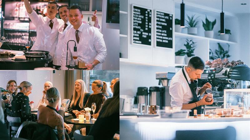 En collage av servitører som poserer, en barista som lager kaffe og smilende mennesker som sitter og drikker ved et bord.