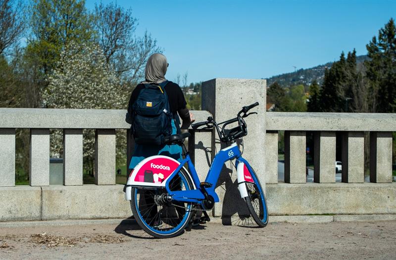 En jente som står ved siden av en bysykkel på en bro og ser mot en åsside.