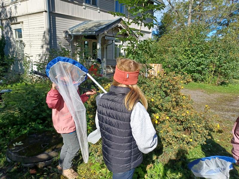 Barn på insektsjakt rundt senteret. Greier de å finne en humle?