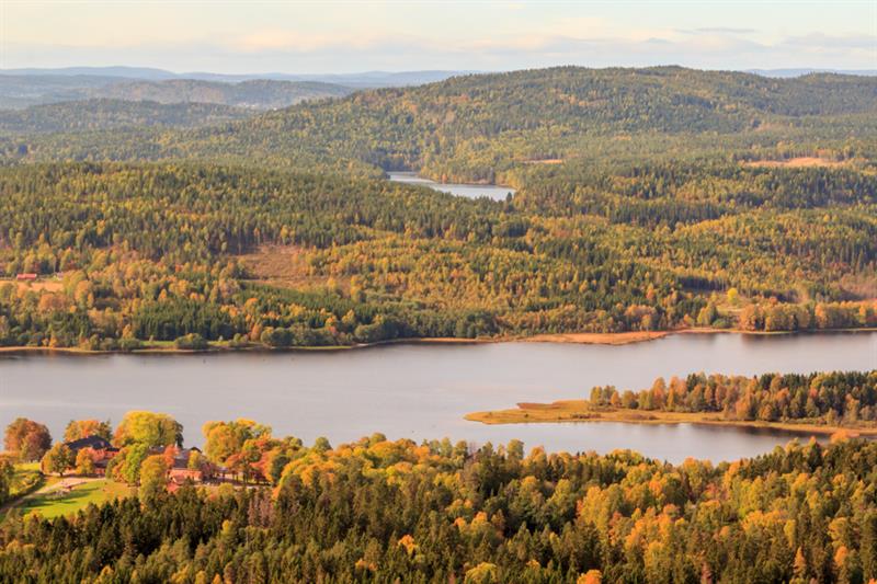 Et fugleperspektiv over Bogstadvannet og de omkringliggende skogsområdene,
