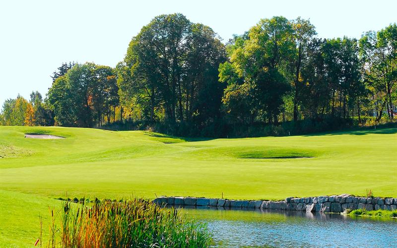 A golf course with a pond, grass, and trees.