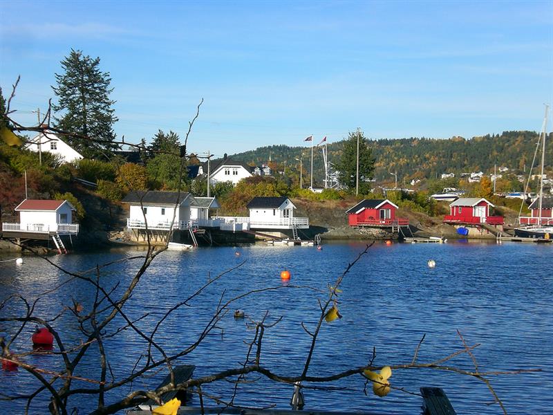 Badehus ved vannkanten, blå himmel og fjord