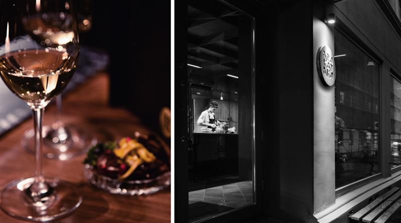 Et detaljbilde i farger av et glass vin, og et svart-hvitt eksteriørbilde av restauranten.