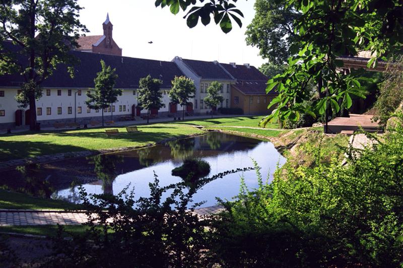 Sommerbilde av en dam, omgitt av gress, trær og hus.