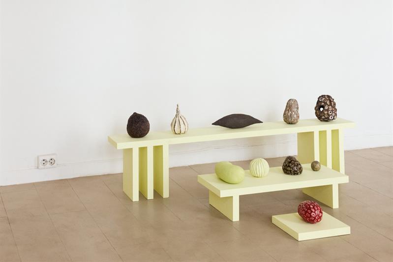 Organiske skulpturer og dempede kunstverk er utstilt i et minimalistisk gallerirom.