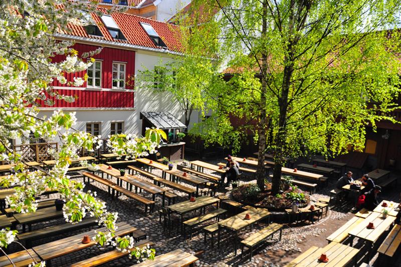 Uteservering i bakgården med bord, benker og trær.