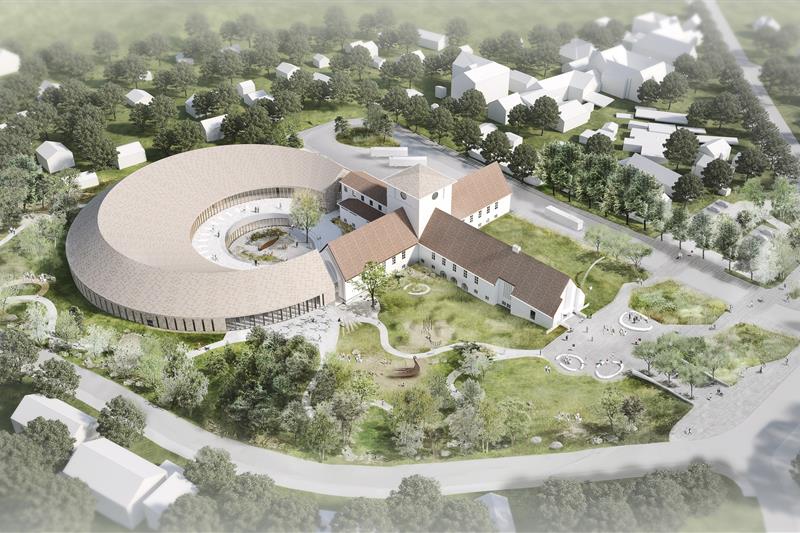 Illustrasjon av Vikingtidsmuseet, som skal stå ferdig i 2026.
