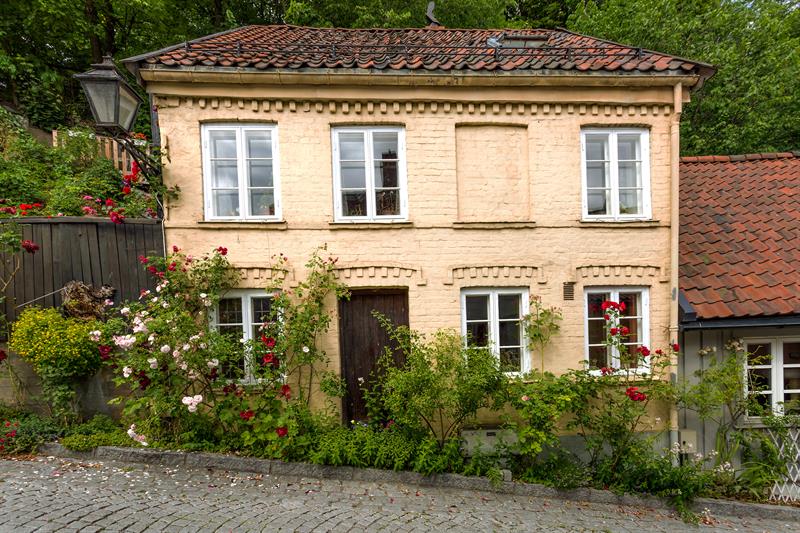 Gammelt murhus med en rekke busker og blomster utenfor.