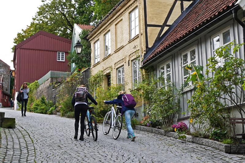 Et par personer som triller syklene sine oppover Telthusbakken, jente som går nedover.