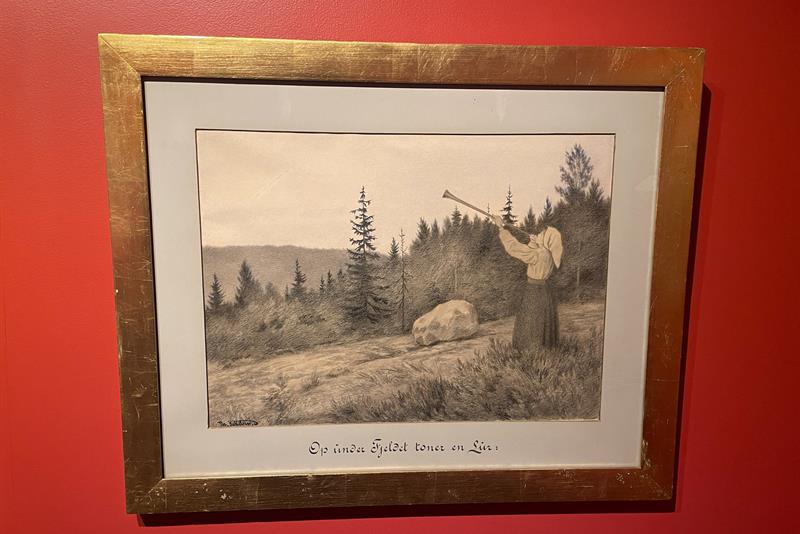 Tegning av Theodor Kittelsen av dame som blåser i et horn