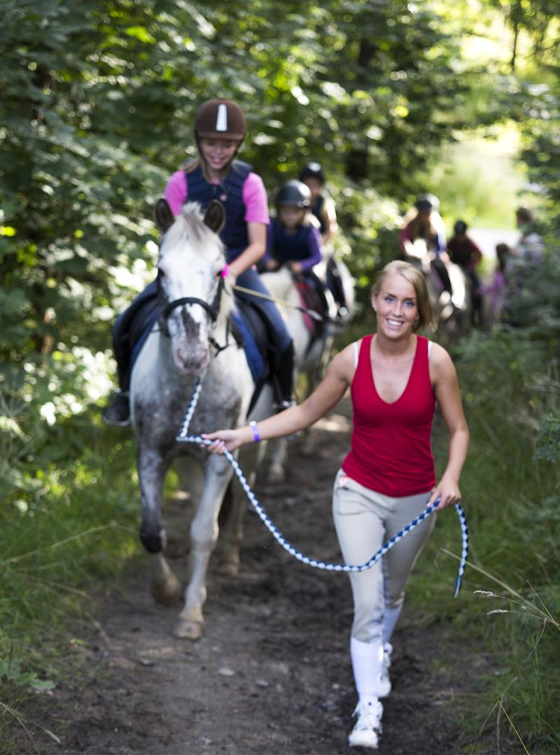 ridelærer leder en gruppe hester med barn på ryggen