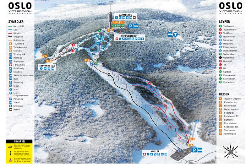 Kart over Oslo Vinterpark med de ulike bakkene